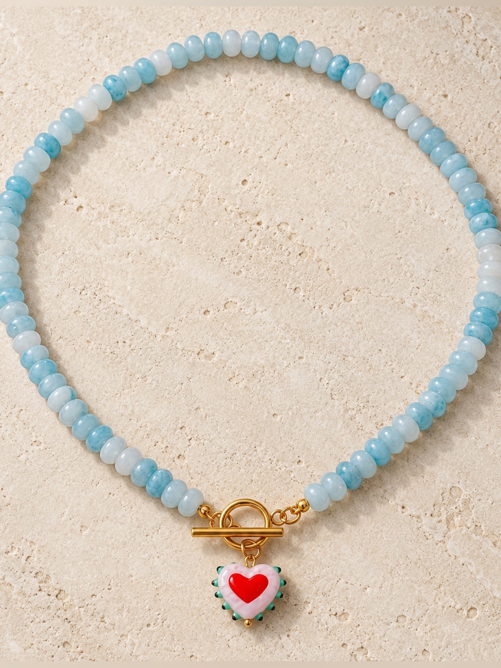 Light Blue Natural Stone Beaded Heart Pendant Necklace Gold Tone Toggle 17.7”